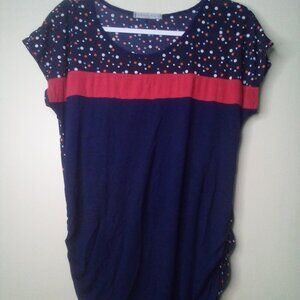 Robin's Nest Shirt Maternity L Short Sleeve Polka Dot Color Block Blue Red